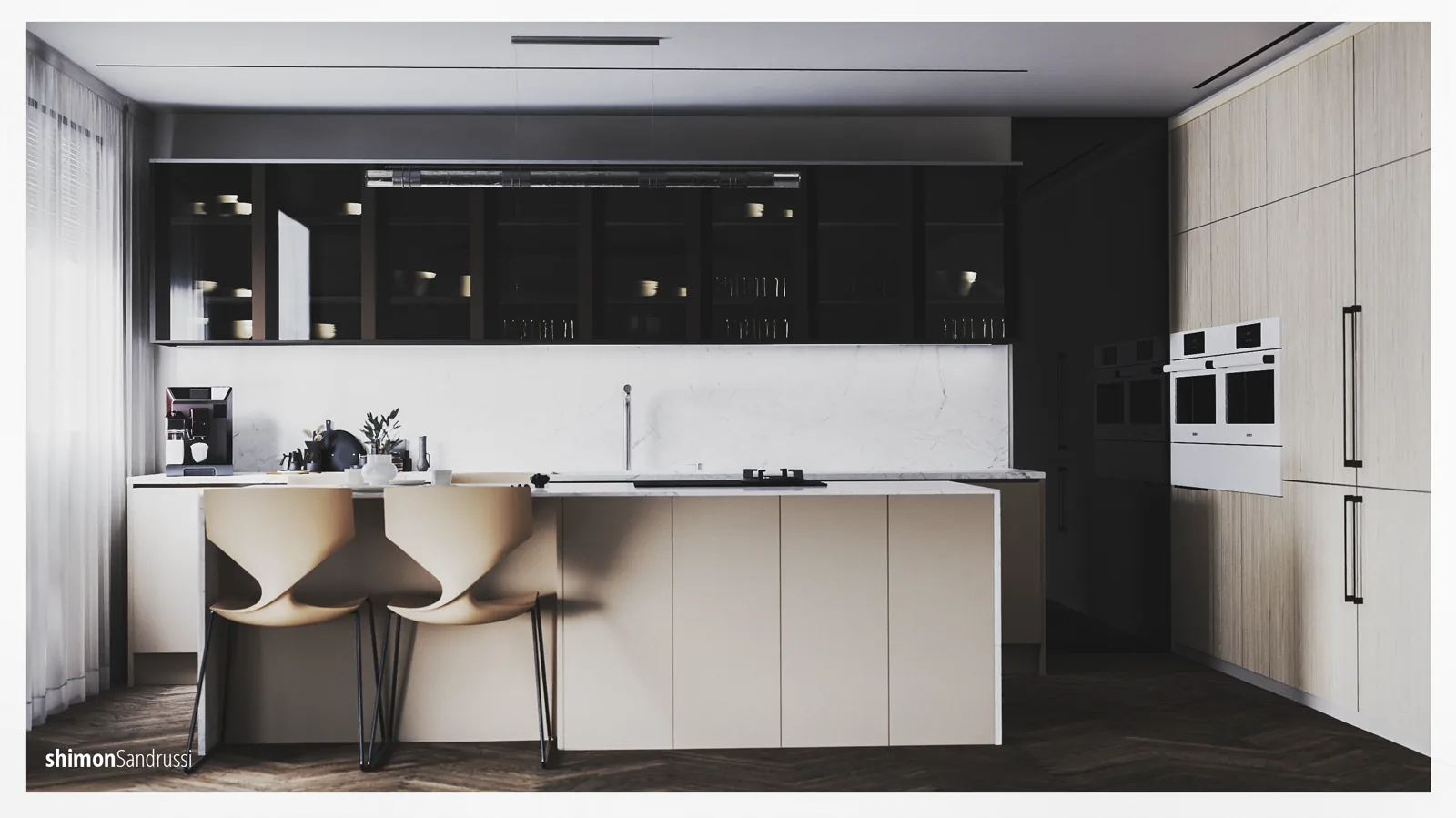 Wide interior visualization of a contemporary kitchen