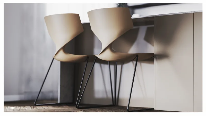 Dining chairs beside the kitchen island