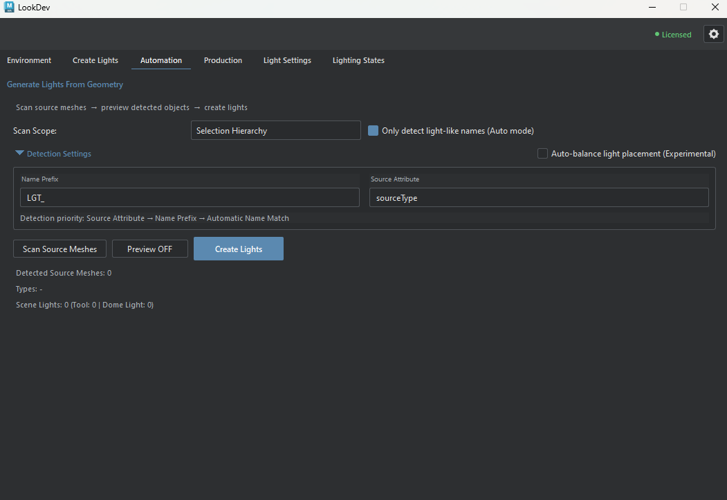 LookDev Automation tab for scanning source meshes and generating lights
