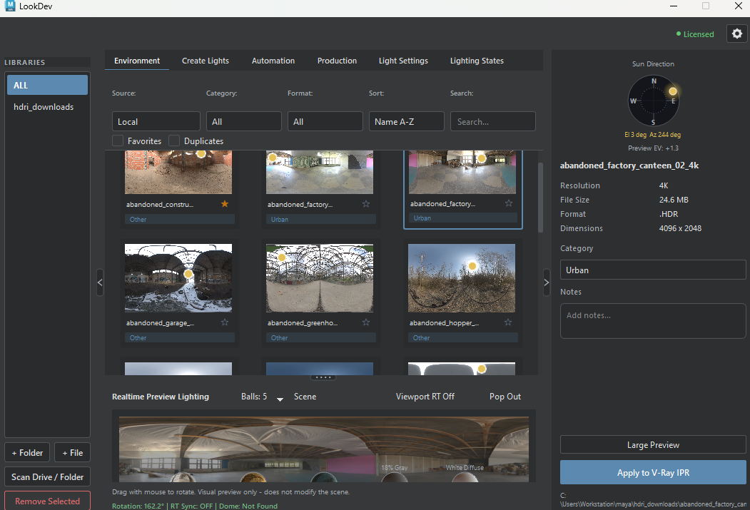 LookDev Environment tab with HDRI library, search controls, and realtime lighting preview