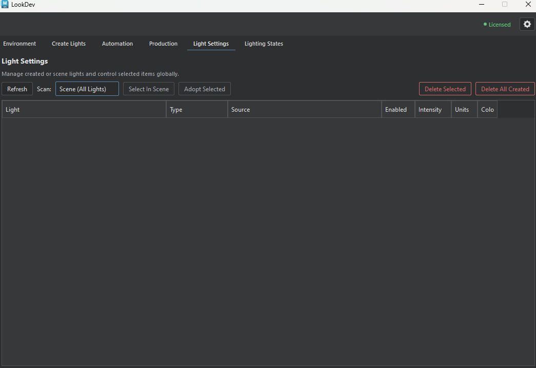 LookDev Light Settings tab for managing created and scene lights