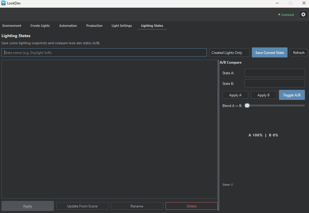 LookDev Lighting States tab for saving and comparing look development states