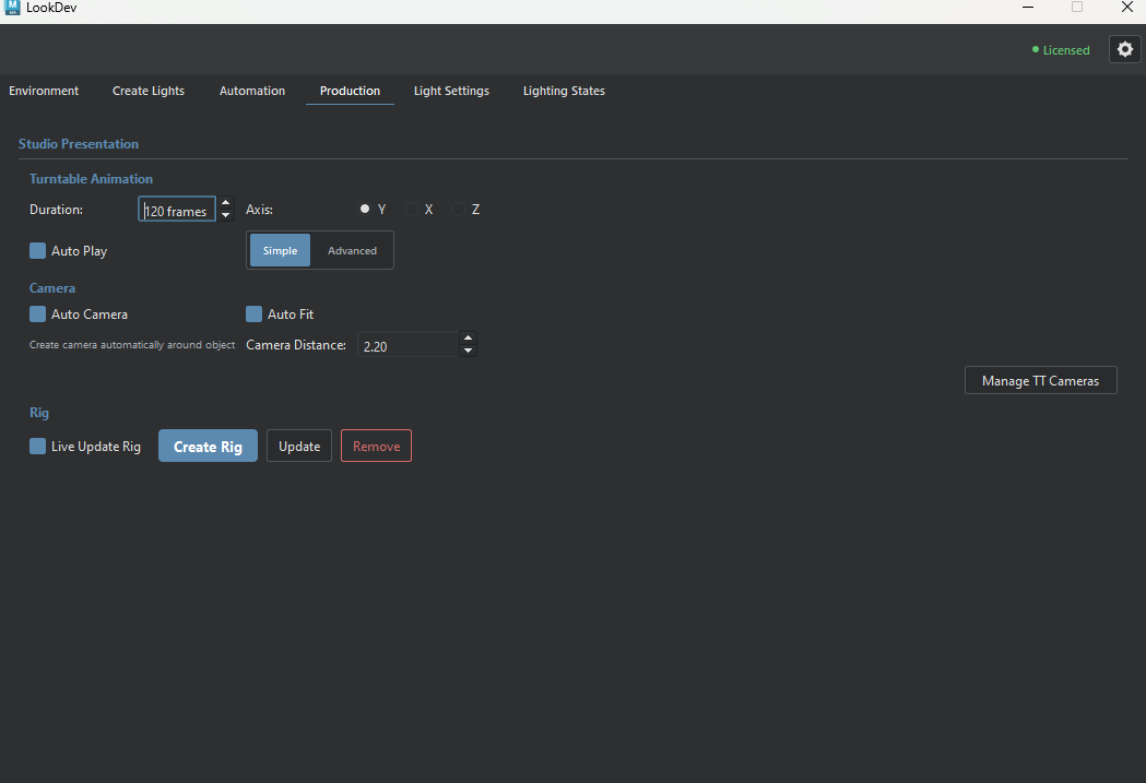 LookDev Production tab with turntable, camera, and rig controls