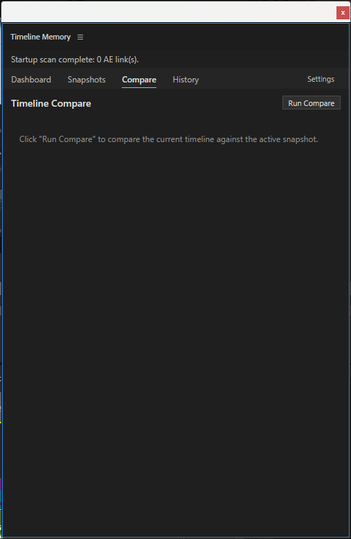 Timeline Memory Compare interface for reviewing the current timeline against an active snapshot