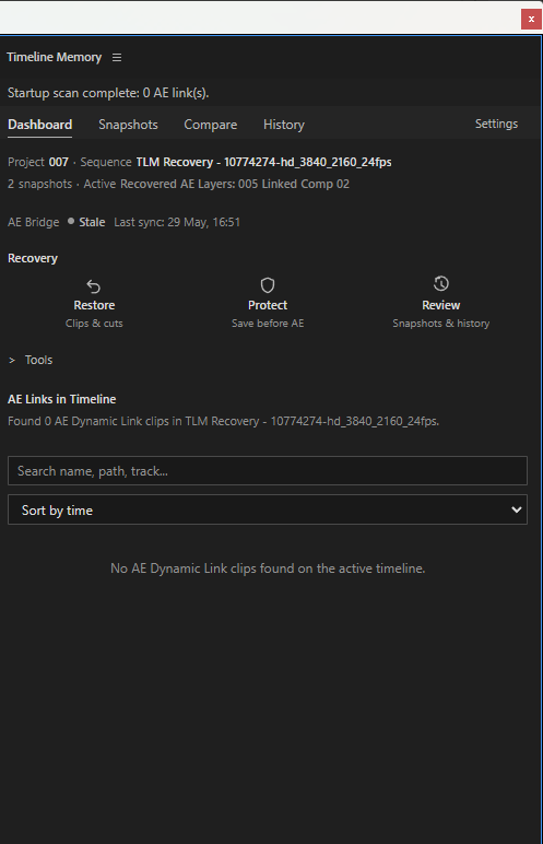 Timeline Memory Dashboard showing Recovery tools and existing Dynamic Link evidence