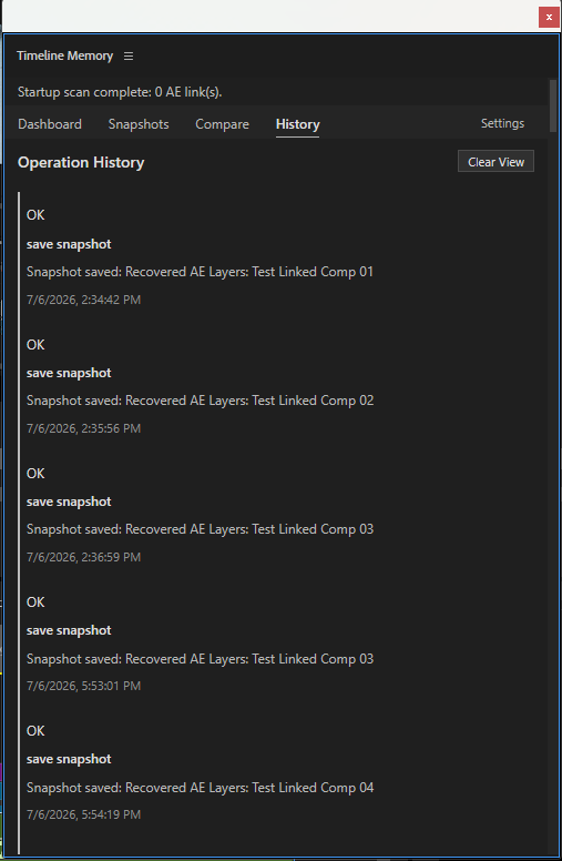 Timeline Memory History view showing recorded snapshot and recovery actions