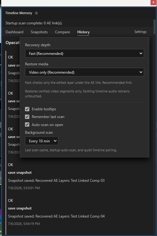 Timeline Memory Recovery Settings showing recovery depth and restore-media controls