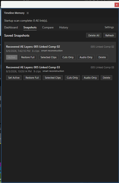 Timeline Memory Snapshots view with saved recovery versions and restore scope controls