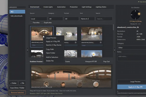 Selected HDRI and its context menu in the Environment library
