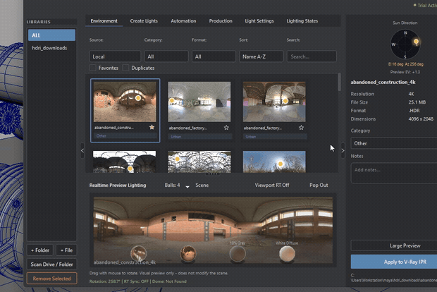 Selecting an HDRI card and opening its context menu in the Environment library