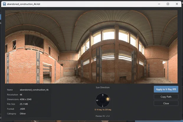 Large Preview window with HDRI panorama, metadata, and sun compass