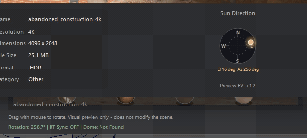 Dragging the HDRI inside the LookDev preview panel changes its rotation and the rotation readout