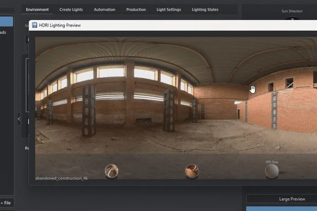 Floating HDRI Lighting Preview window above the LookDev panel