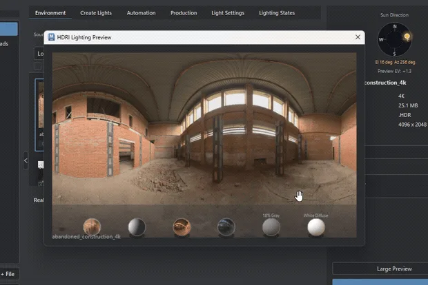 HDRI lighting preview showing six material samples